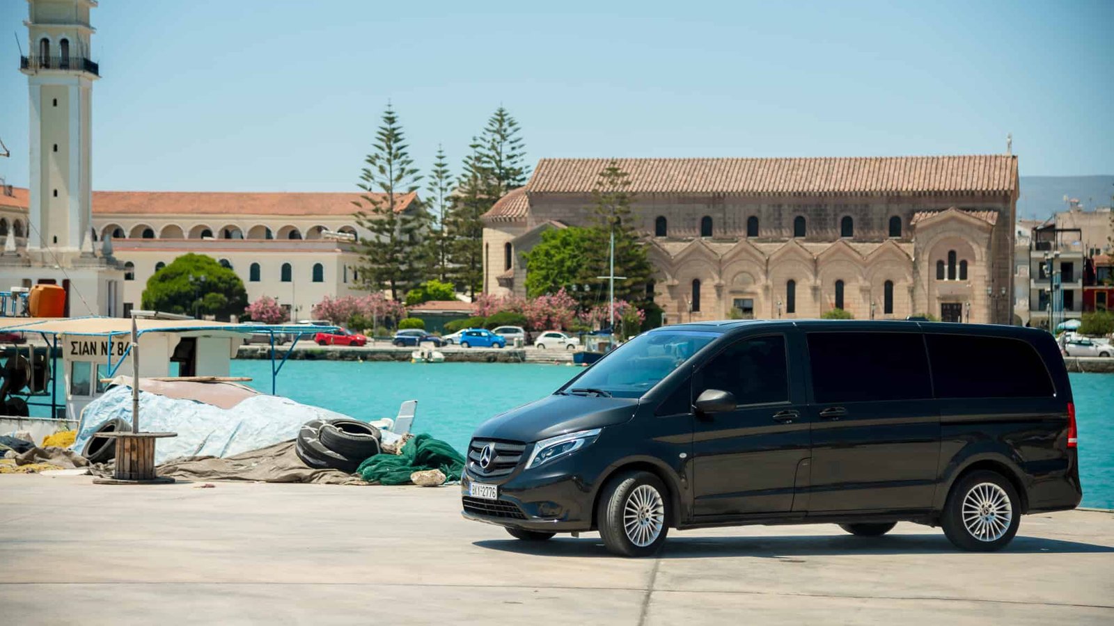 Taxi transfer service vehicle driving through Zakynthos countryside